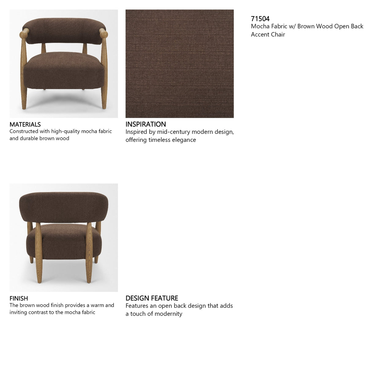 Lewis Mocha Fabric w/ Brown Wood Open Back Accent Chair by Mercana at Eve Furniture