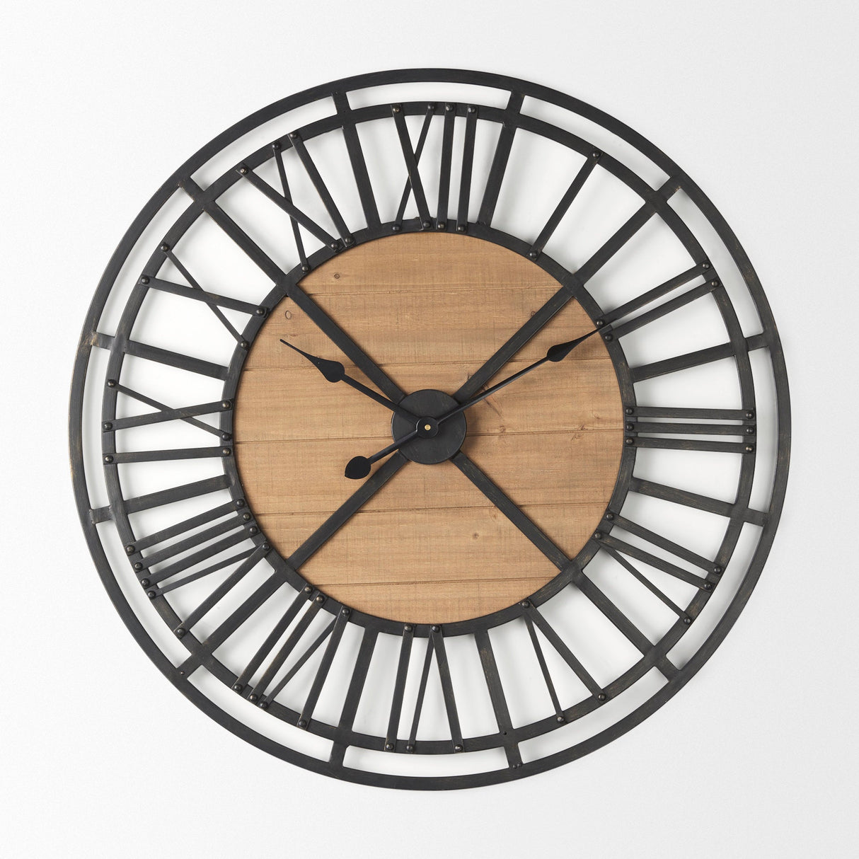 Lewiston Black Iron W/Wood Round Wall Clock by Mercana at Eve Furniture