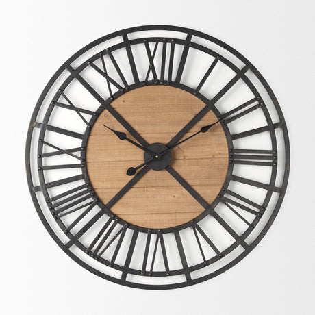 Lewiston Black Iron W/Wood Round Wall Clock by Mercana at Eve Furniture