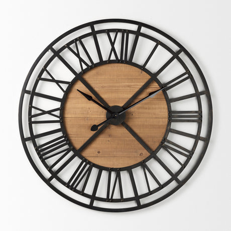 Lewiston Black Iron W/Wood Round Wall Clock by Mercana at Eve Furniture