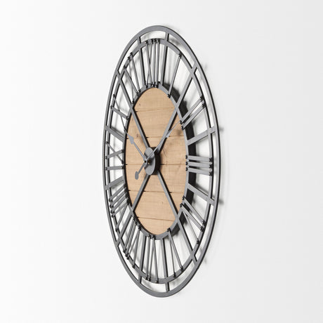 Lewiston Black Iron W/Wood Round Wall Clock by Mercana at Eve Furniture