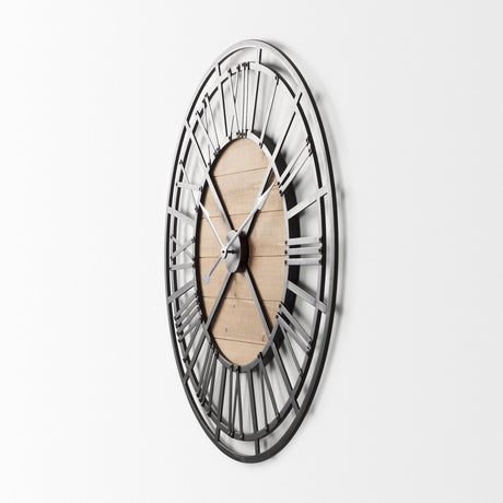 Lewiston Black Iron W/Wood Round Wall Clock by Mercana at Eve Furniture