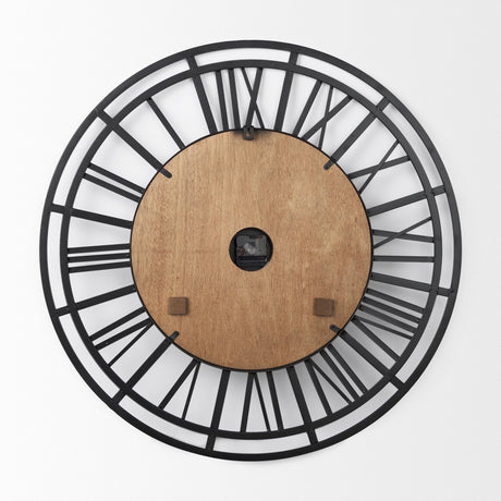 Lewiston Black Iron W/Wood Round Wall Clock by Mercana at Eve Furniture