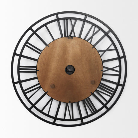 Lewiston Black Iron W/Wood Round Wall Clock by Mercana at Eve Furniture