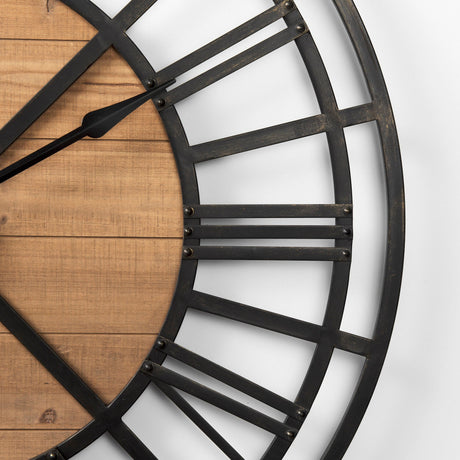 Lewiston Black Iron W/Wood Round Wall Clock by Mercana at Eve Furniture