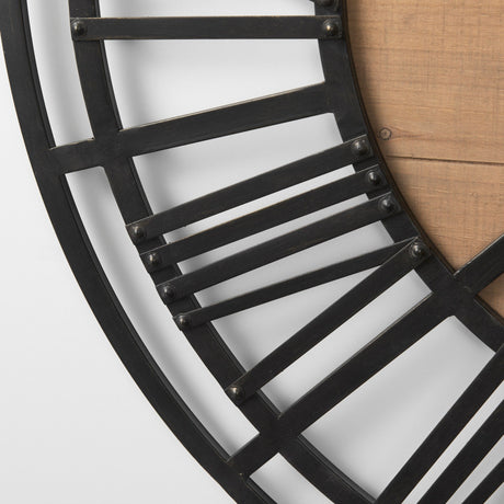 Lewiston Black Iron W/Wood Round Wall Clock by Mercana at Eve Furniture