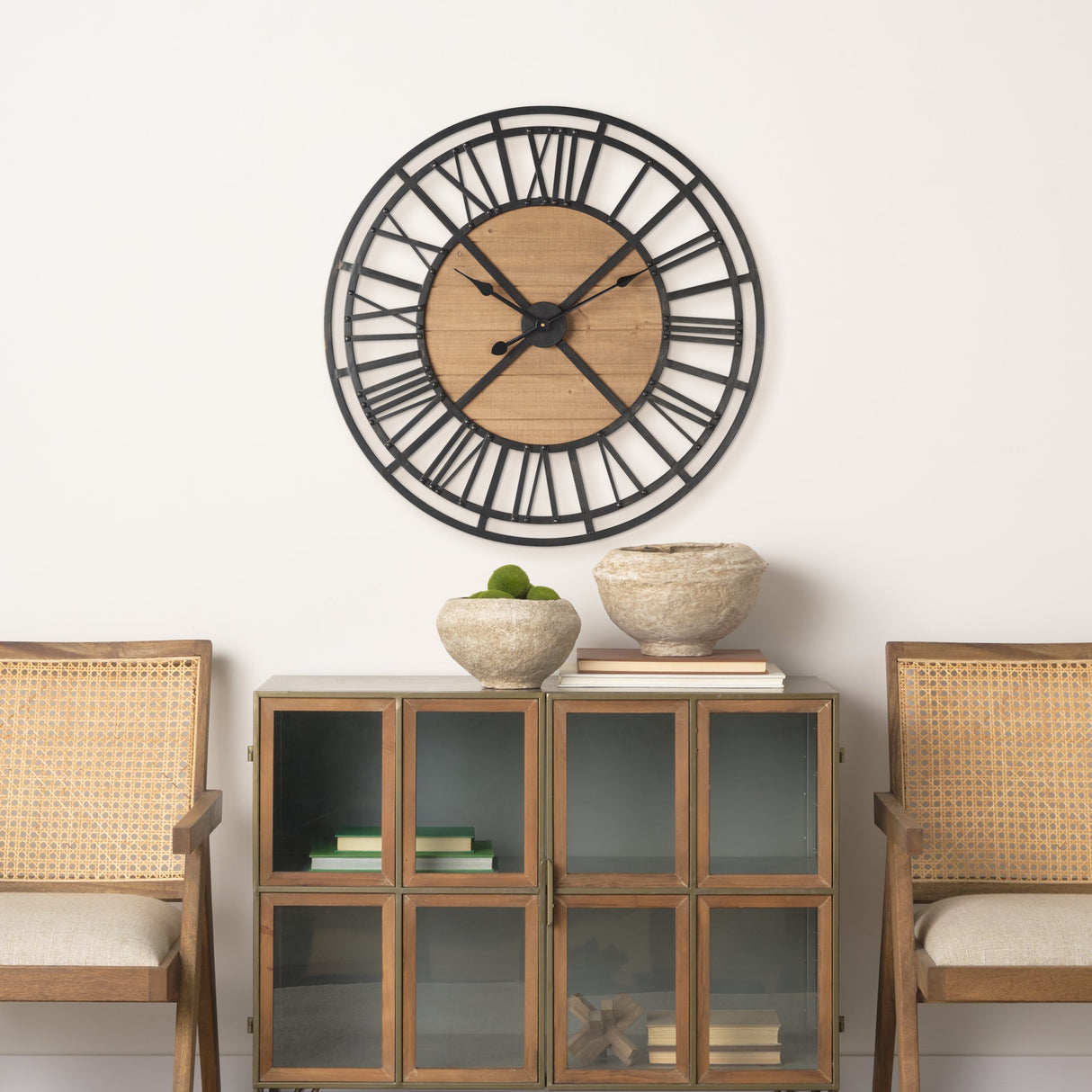 Lewiston Black Iron W/Wood Round Wall Clock by Mercana at Eve Furniture