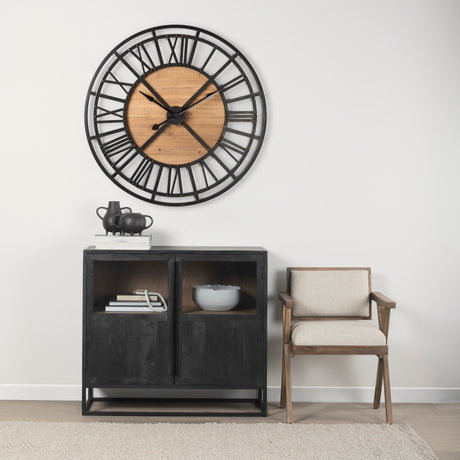 Lewiston Black Iron W/Wood Round Wall Clock by Mercana at Eve Furniture