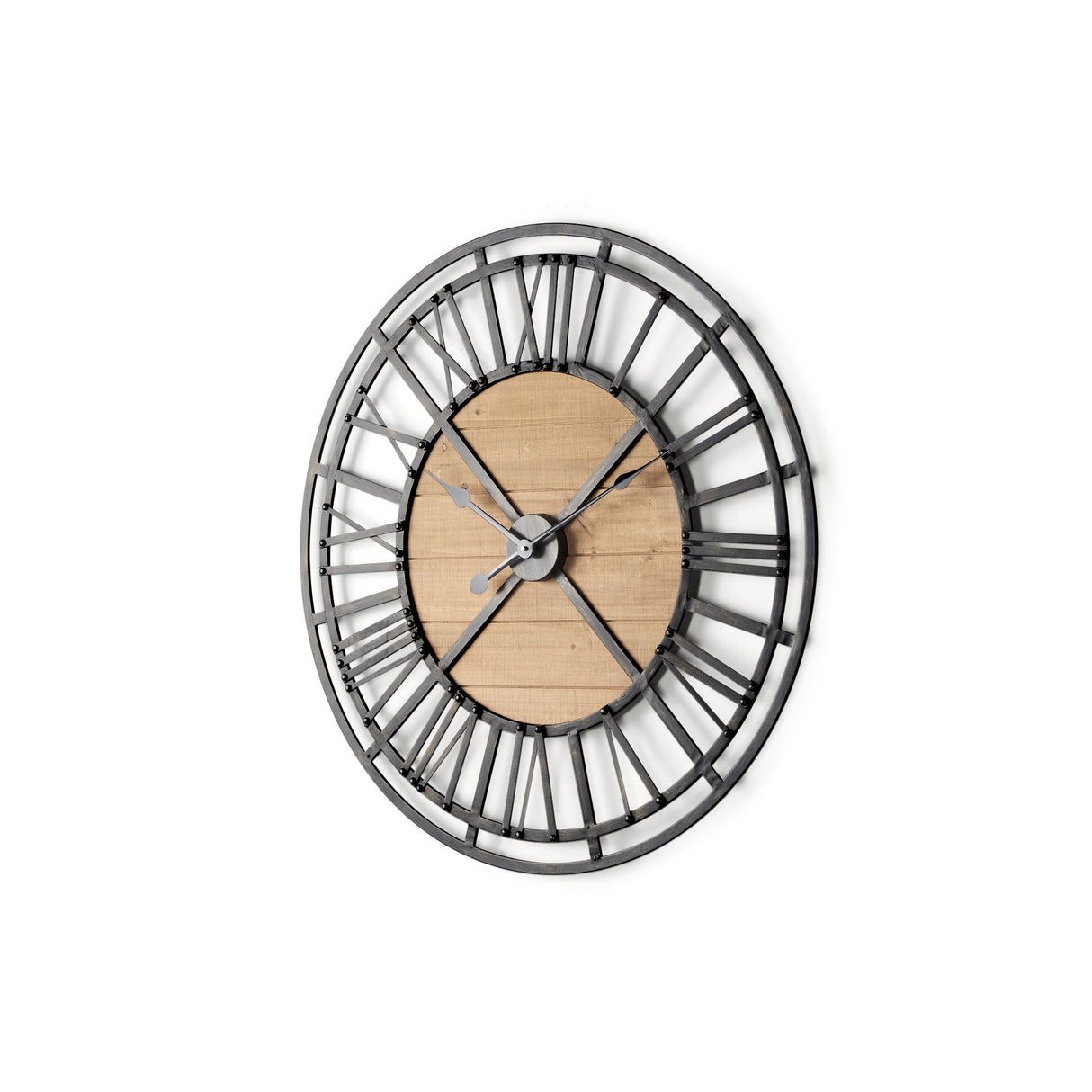 Lewiston Black Iron W/Wood Round Wall Clock by Mercana at Eve Furniture