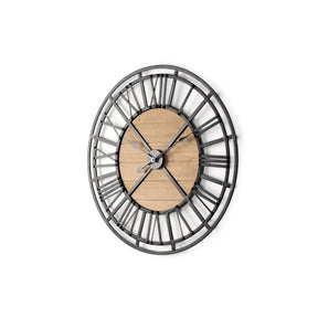 Lewiston Black Iron W/Wood Round Wall Clock by Mercana at Eve Furniture