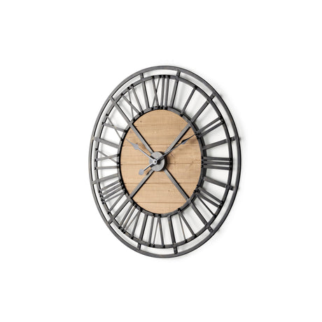 Lewiston Black Iron W/Wood Round Wall Clock by Mercana at Eve Furniture