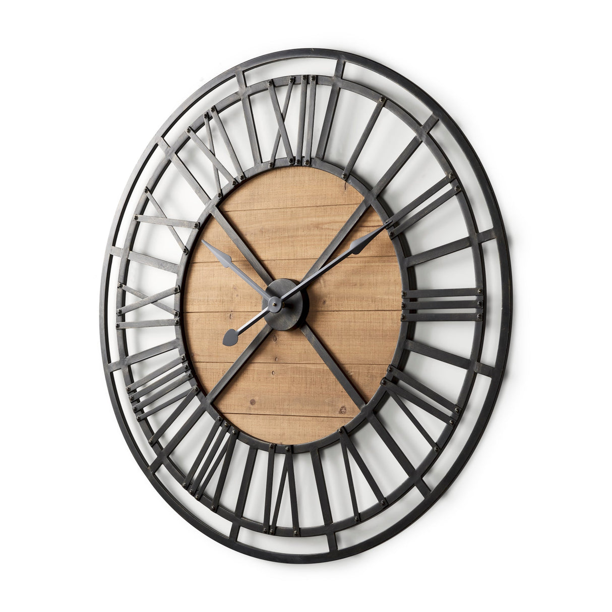 Lewiston Black Iron W/Wood Round Wall Clock by Mercana at Eve Furniture