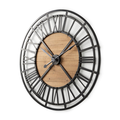 Lewiston Black Iron W/Wood Round Wall Clock by Mercana at Eve Furniture