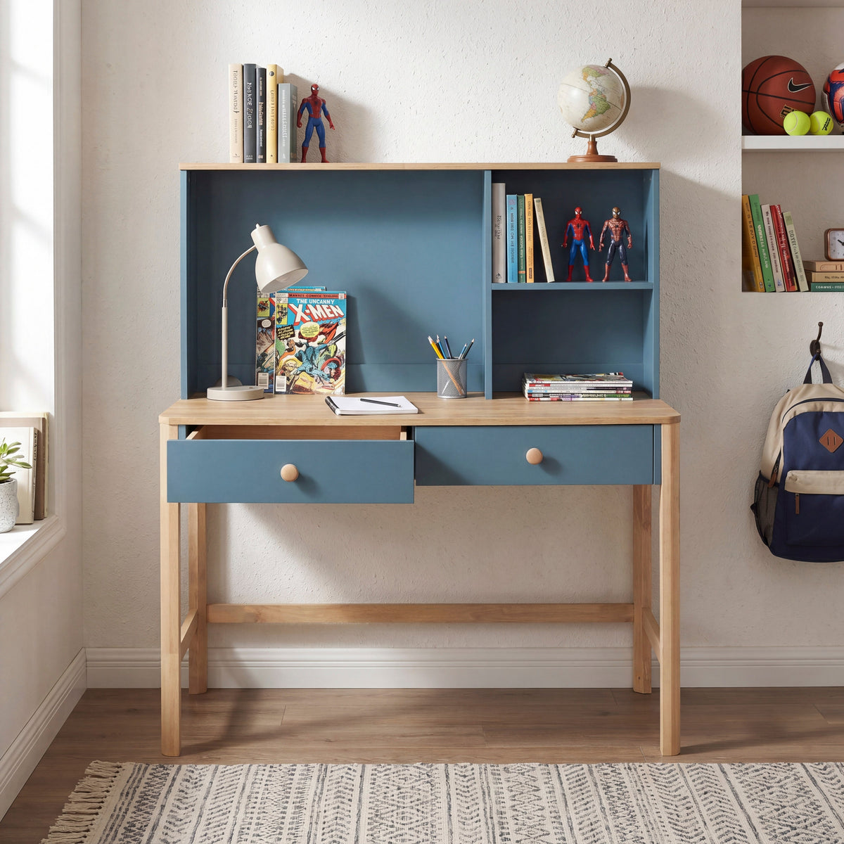 Liam Blue/Natural Writing Desk with Hutch by Homelegance at Eve Furniture