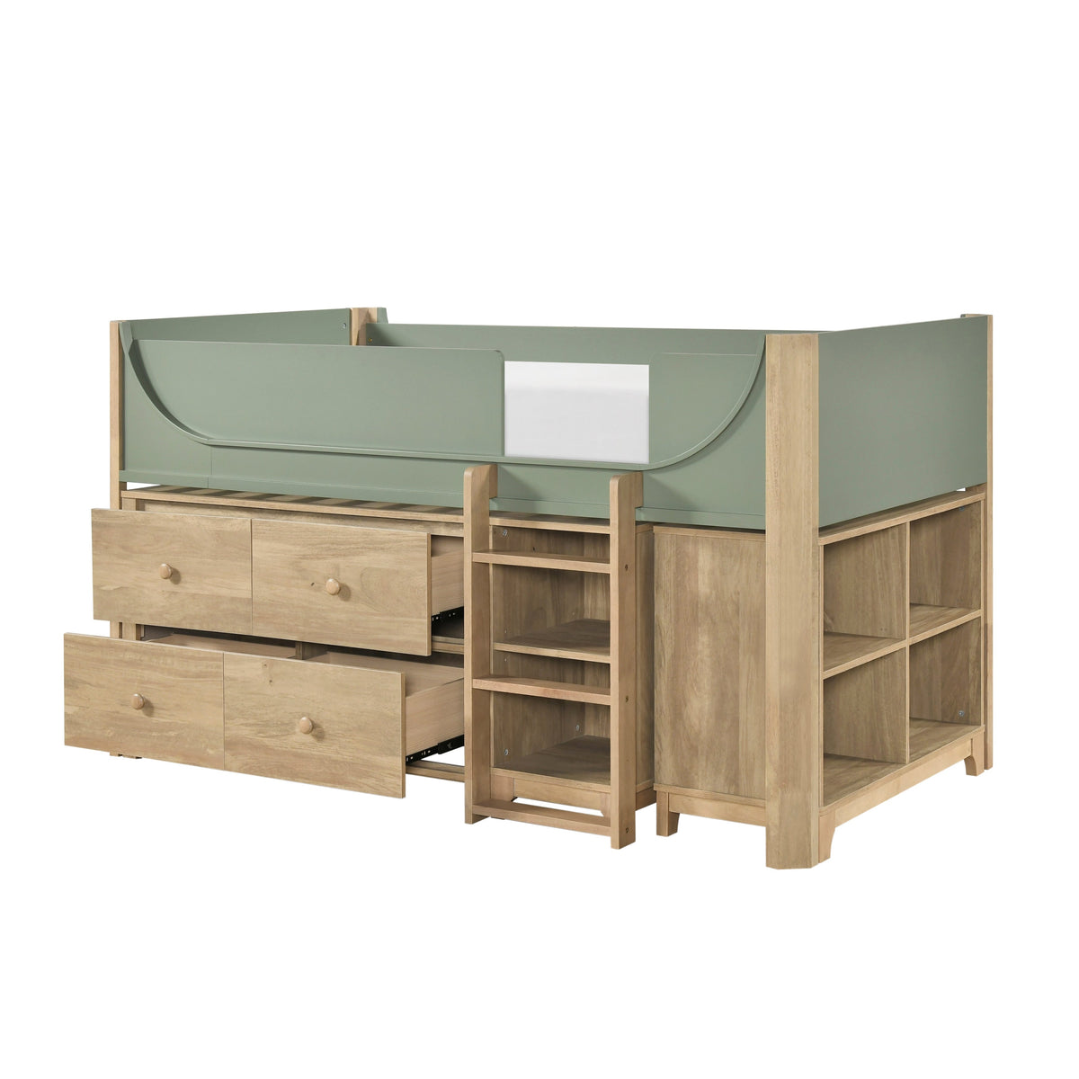Liam Green/Natural Twin Low Loft Bed with 2-Shelf Bookcase, 4-Shelf Bookcase and Dresser by Homelegance at Eve Furniture
