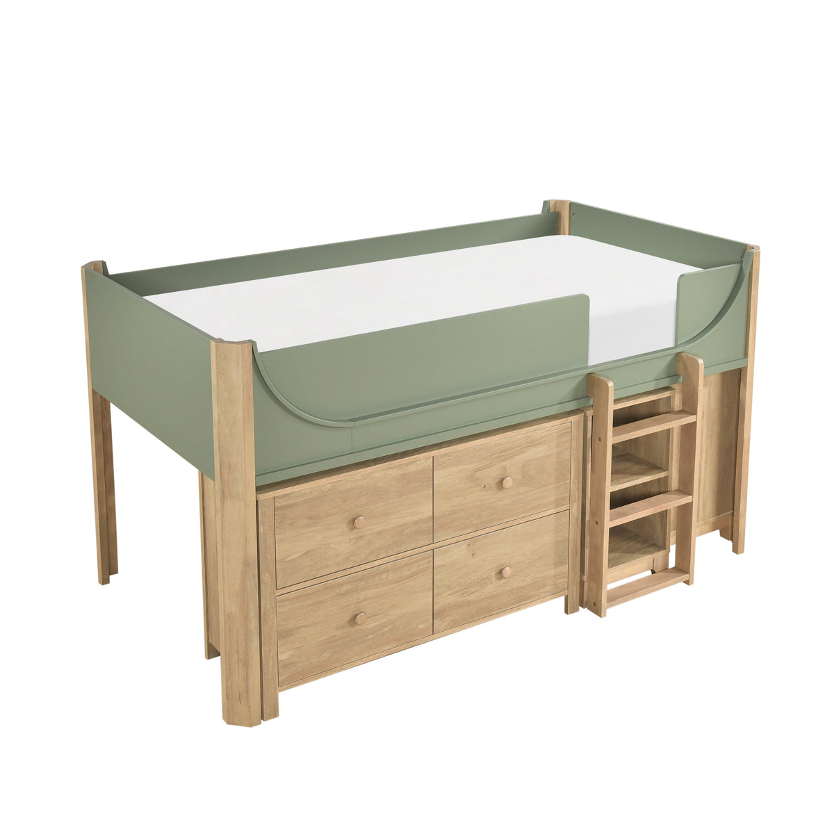 Liam Green/Natural Twin Low Loft Bed with 2-Shelf Bookcase, 4-Shelf Bookcase and Dresser by Homelegance at Eve Furniture