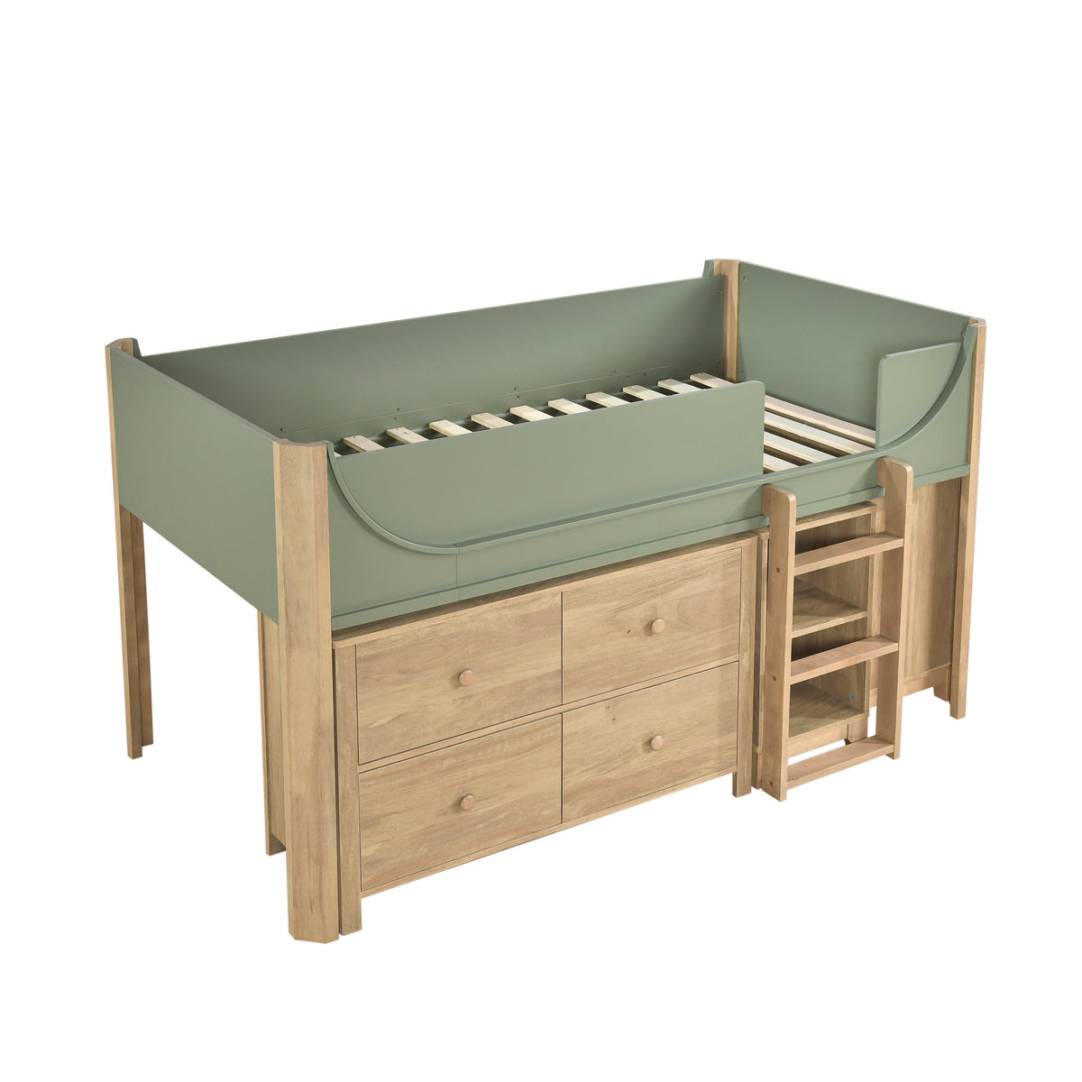 Liam Green/Natural Twin Low Loft Bed with 2-Shelf Bookcase, 4-Shelf Bookcase and Dresser by Homelegance at Eve Furniture