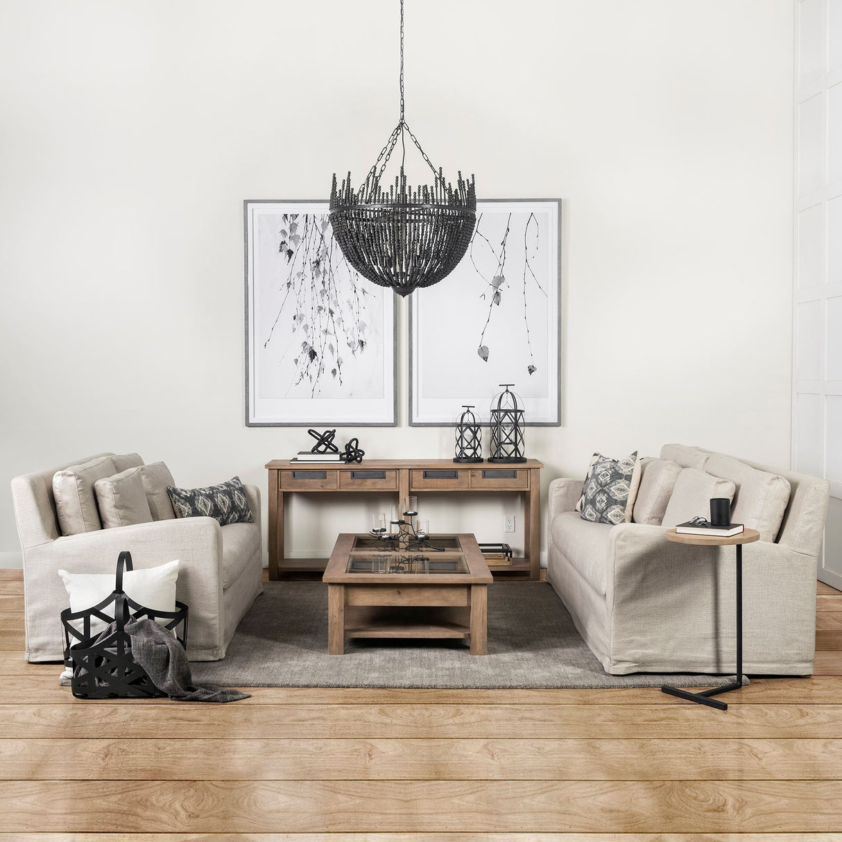 Liam I 32x30 Black Wooden Bead Bowl-Style Four Bulb Chandelier by Mercana at Eve Furniture