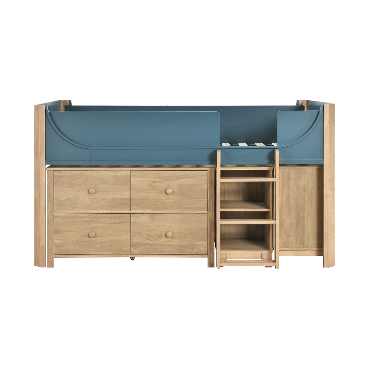 Liam Natural/Blue Twin Low Loft Bed with 2-Shelf Bookcase, 4-Shelf Bookcase and Dresser by Homelegance at Eve Furniture