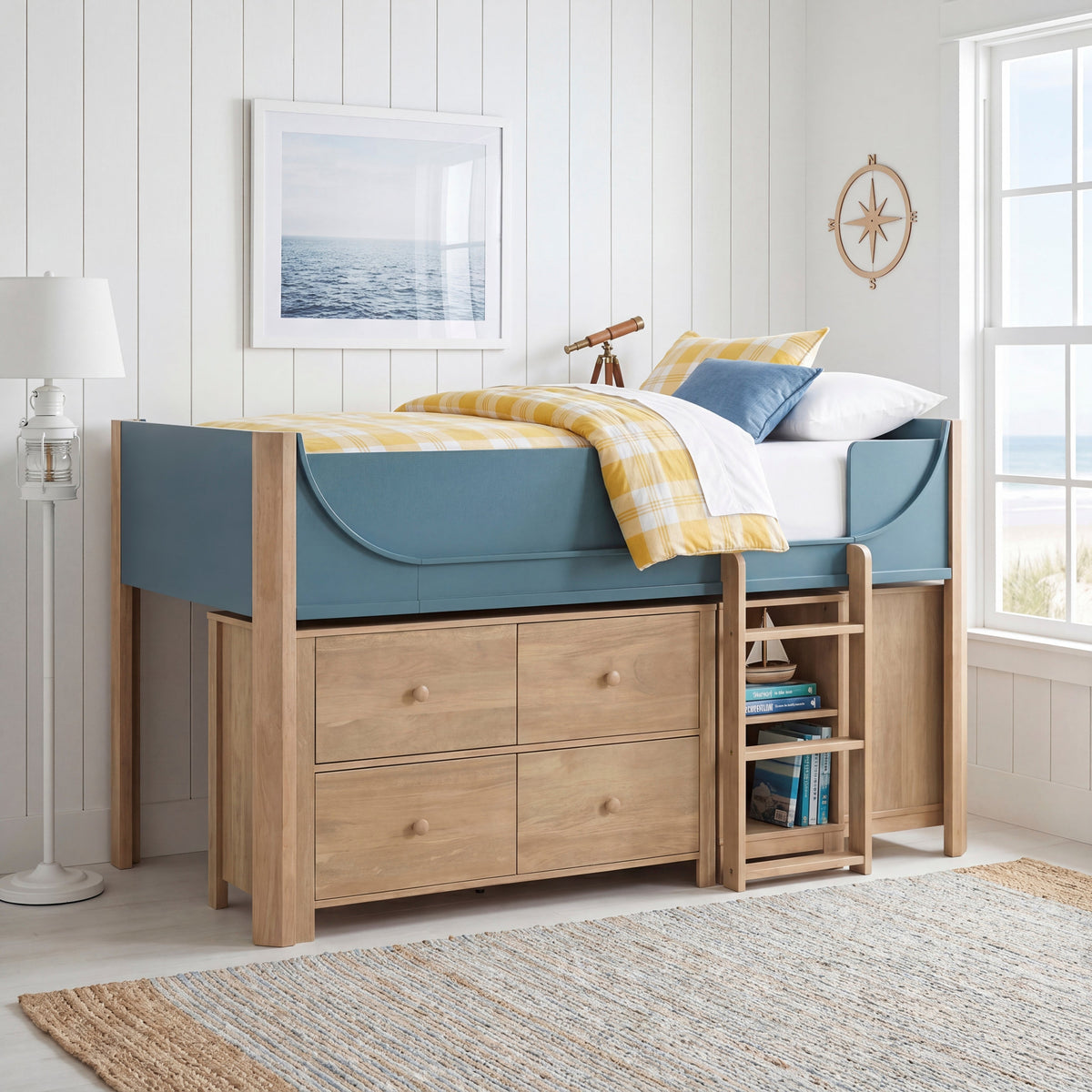 Liam Natural/Blue Twin Low Loft Bed with 2-Shelf Bookcase, 4-Shelf Bookcase and Dresser by Homelegance at Eve Furniture