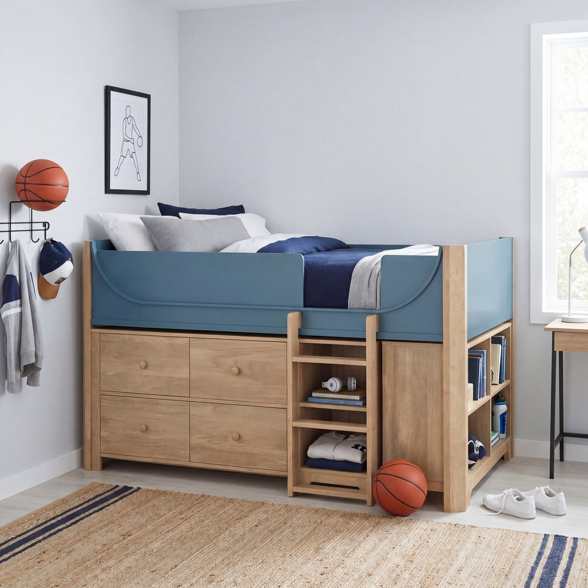 Liam Natural/Blue Twin Low Loft Bed with 2-Shelf Bookcase, 4-Shelf Bookcase and Dresser by Homelegance at Eve Furniture