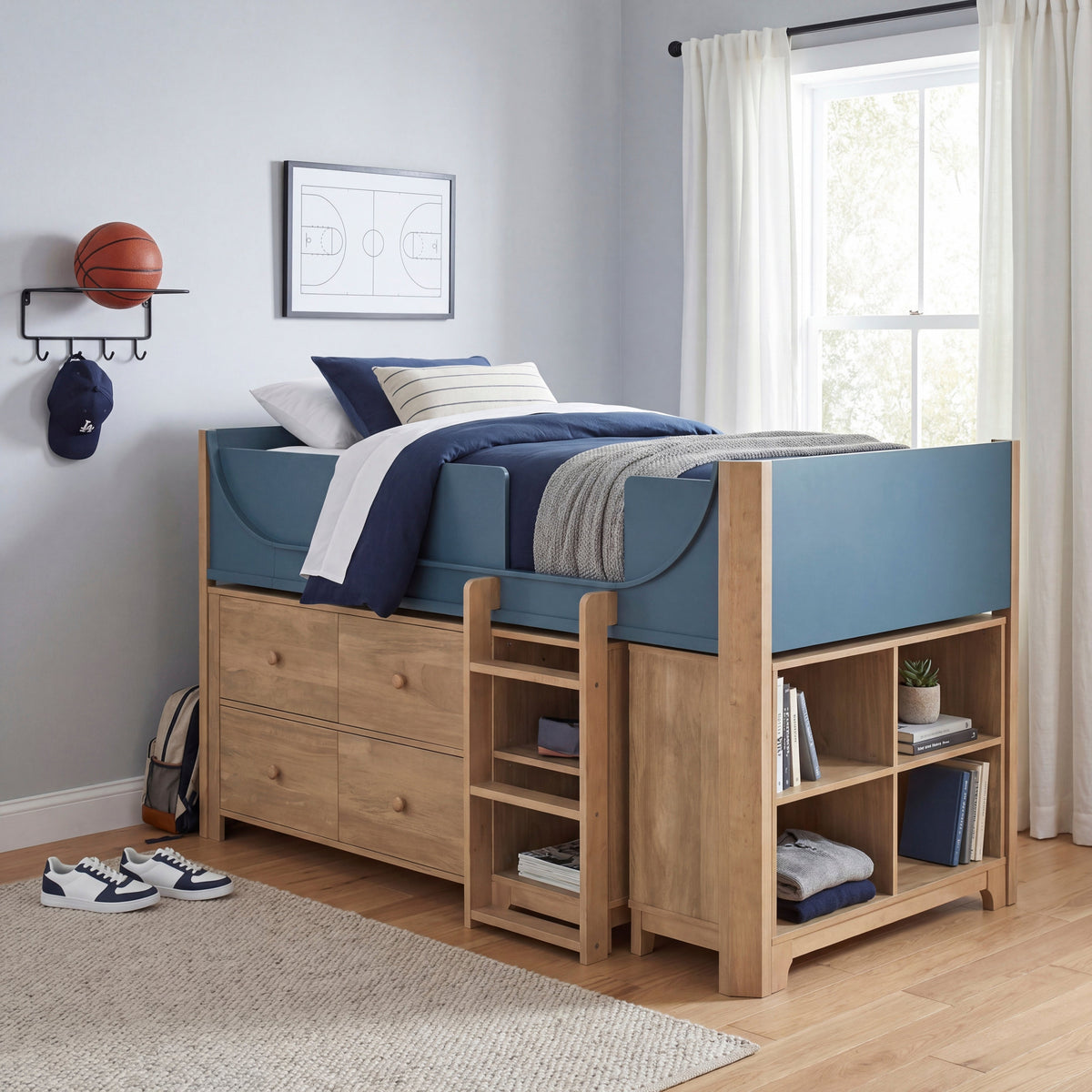 Liam Natural/Blue Twin Low Loft Bed with 2-Shelf Bookcase, 4-Shelf Bookcase and Dresser by Homelegance at Eve Furniture
