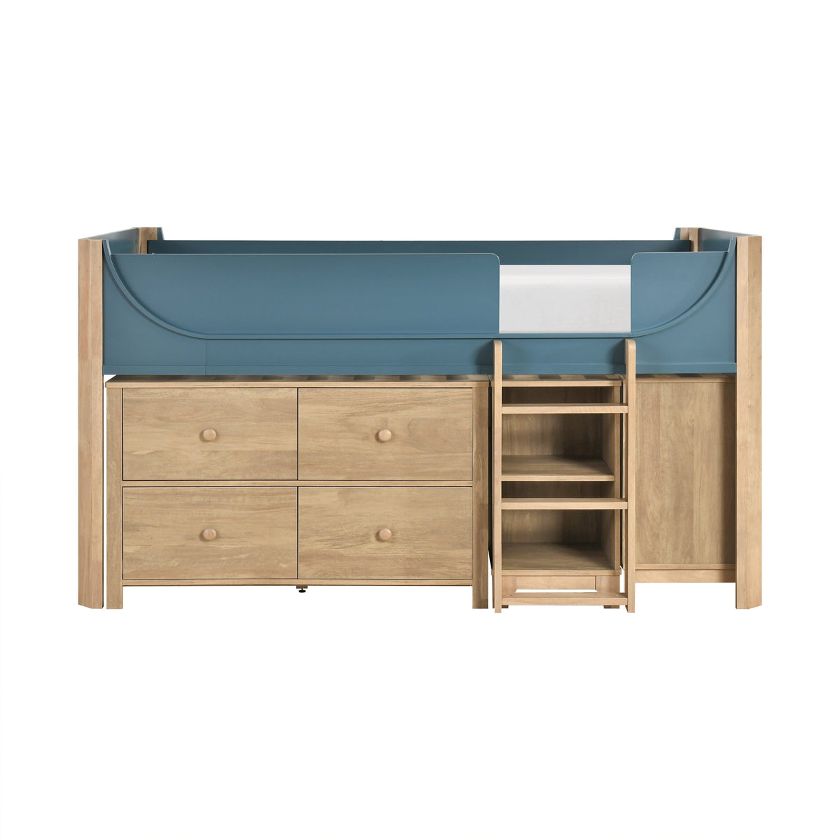 Liam Natural/Blue Twin Low Loft Bed with 2-Shelf Bookcase, 4-Shelf Bookcase and Dresser by Homelegance at Eve Furniture