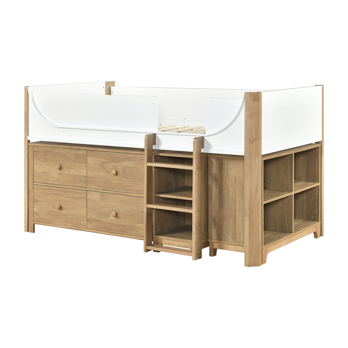 Liam White/Natural Low Loft Bed with 2-Shelf Bookcase, 4-Shelf Bookcase and Dresser by Homelegance at Eve Furniture