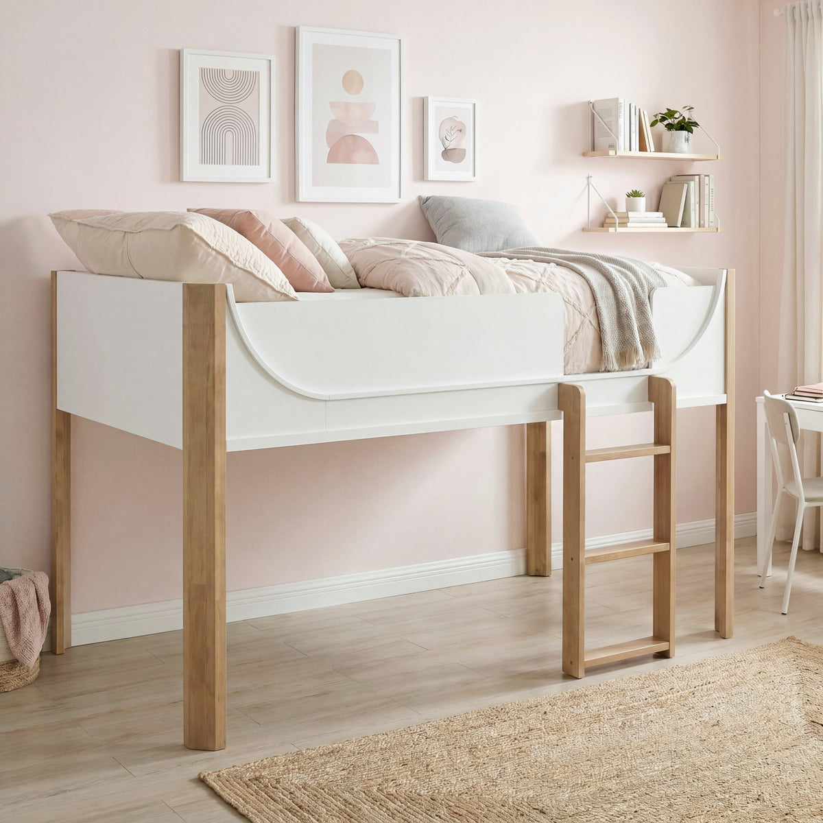 Liam White/Natural Twin Low Loft Bed by Homelegance at Eve Furniture