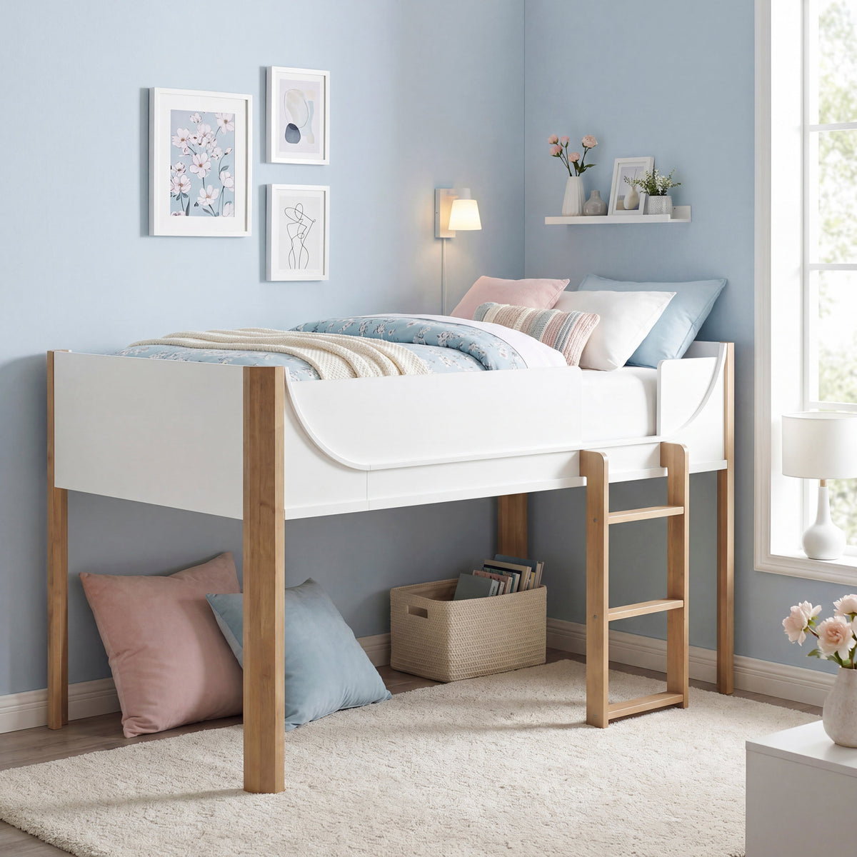 Liam White/Natural Twin Low Loft Bed by Homelegance at Eve Furniture