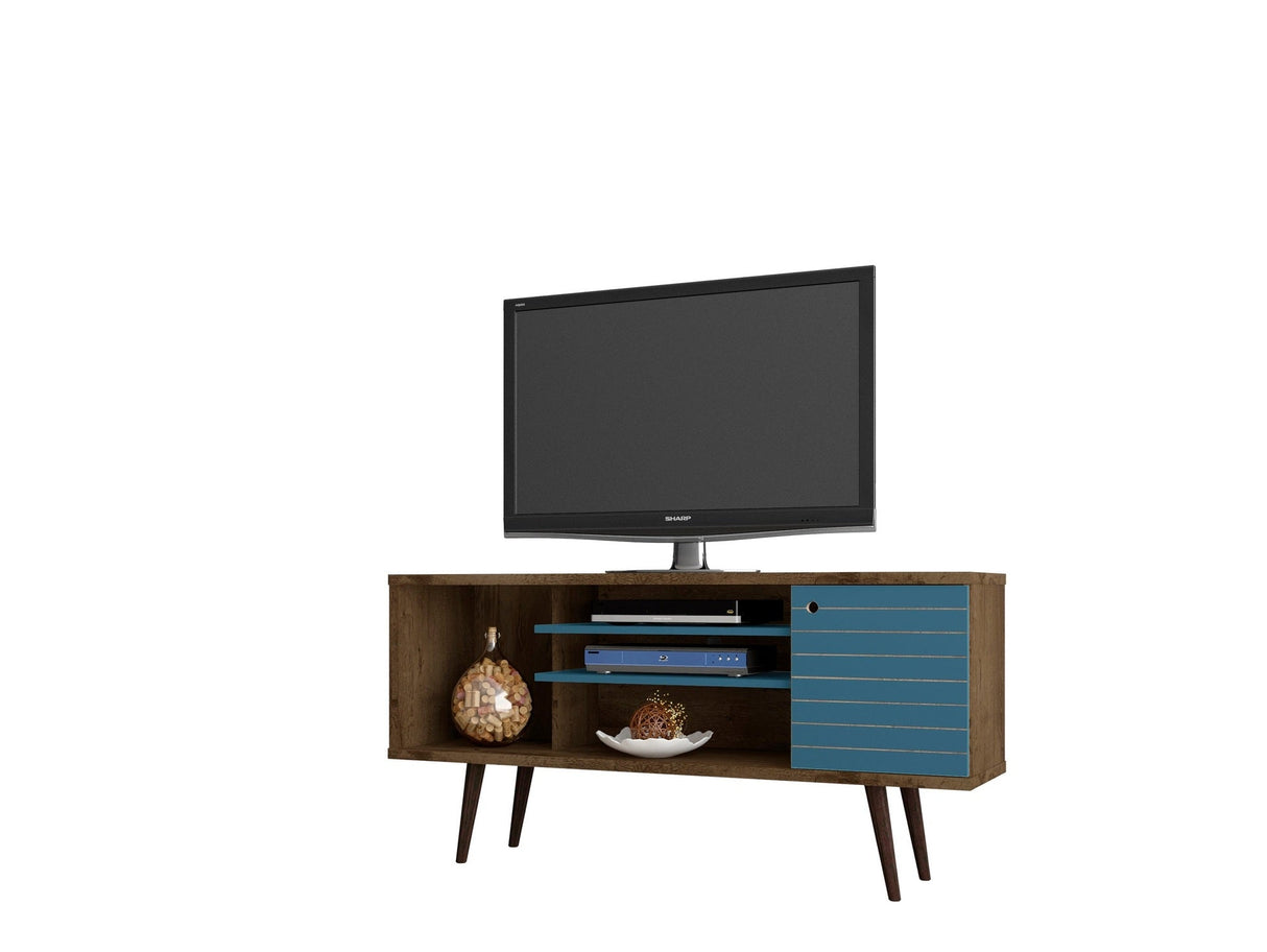Liberty 53.14" Mid-Century Modern TV Stand in Rustic Brown and Aqua Blue by Manhattan Comfort at Eve Furniture