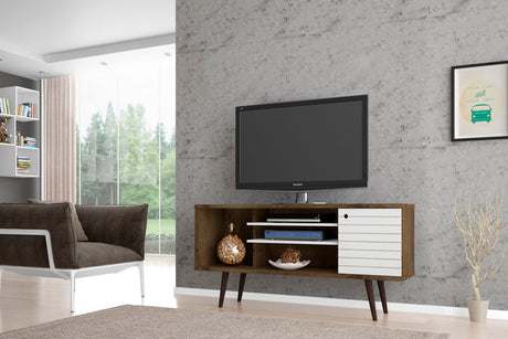 Liberty 53.14" Mid-Century Modern TV Stand in Rustic Brown and White by Manhattan Comfort at Eve Furniture