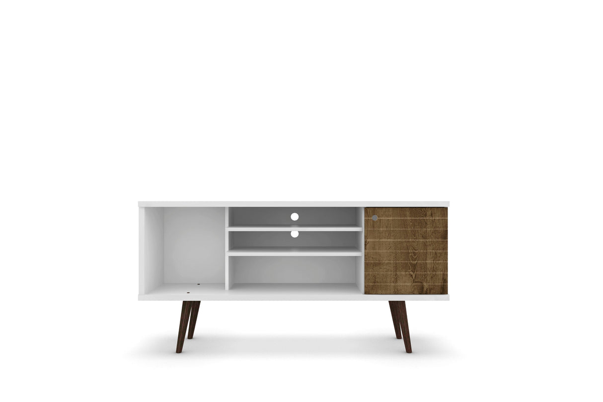 Liberty 53.14" Mid-Century Modern TV Stand in White and Rustic Brown by Manhattan Comfort at Eve Furniture