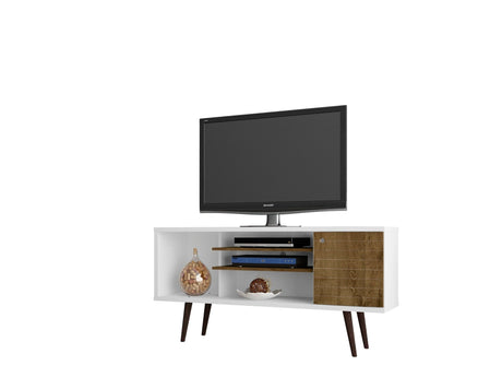 Liberty 53.14" Mid-Century Modern TV Stand in White and Rustic Brown by Manhattan Comfort at Eve Furniture