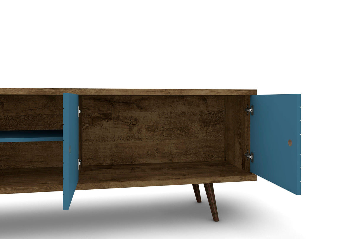 Liberty 62.99" Mid-Century Modern TV Stand in Rustic Brown and Aqua Blue by Manhattan Comfort at Eve Furniture