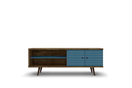 Liberty 62.99" Mid-Century Modern TV Stand in Rustic Brown and Aqua Blue by Manhattan Comfort at Eve Furniture