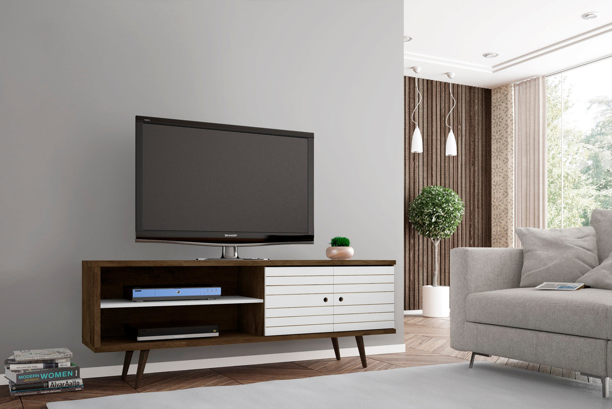 Liberty 62.99" Mid-Century Modern TV Stand in Rustic Brown and White by Manhattan Comfort at Eve Furniture