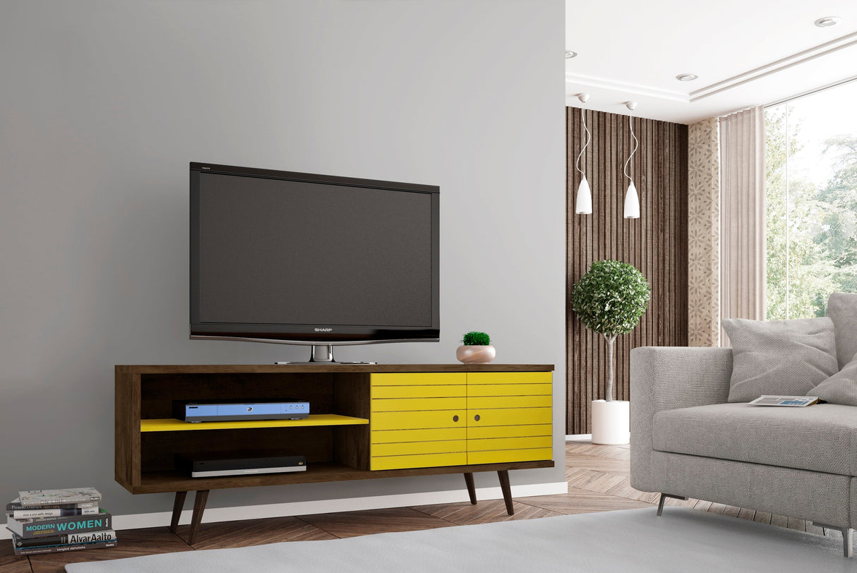Liberty 62.99" Mid-Century Modern TV Stand in Rustic Brown and Yellow by Manhattan Comfort at Eve Furniture