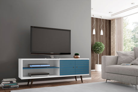 Liberty 62.99" Mid-Century Modern TV Stand in White and Aqua Blue by Manhattan Comfort at Eve Furniture