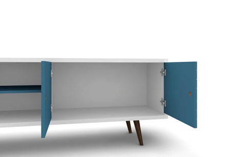 Liberty 62.99" Mid-Century Modern TV Stand in White and Aqua Blue by Manhattan Comfort at Eve Furniture