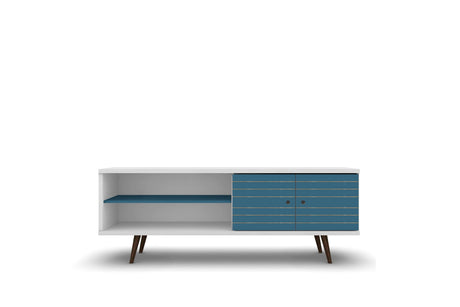 Liberty 62.99" Mid-Century Modern TV Stand in White and Aqua Blue by Manhattan Comfort at Eve Furniture