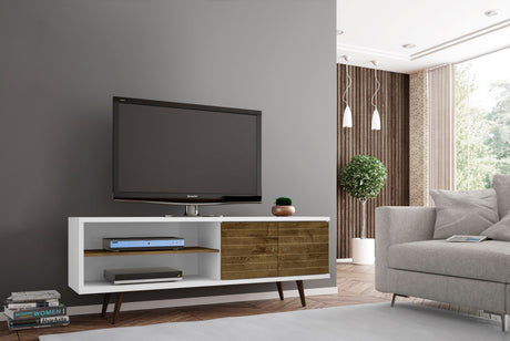 Liberty 62.99" Mid-Century Modern TV Stand in White and Rustic Brown by Manhattan Comfort at Eve Furniture