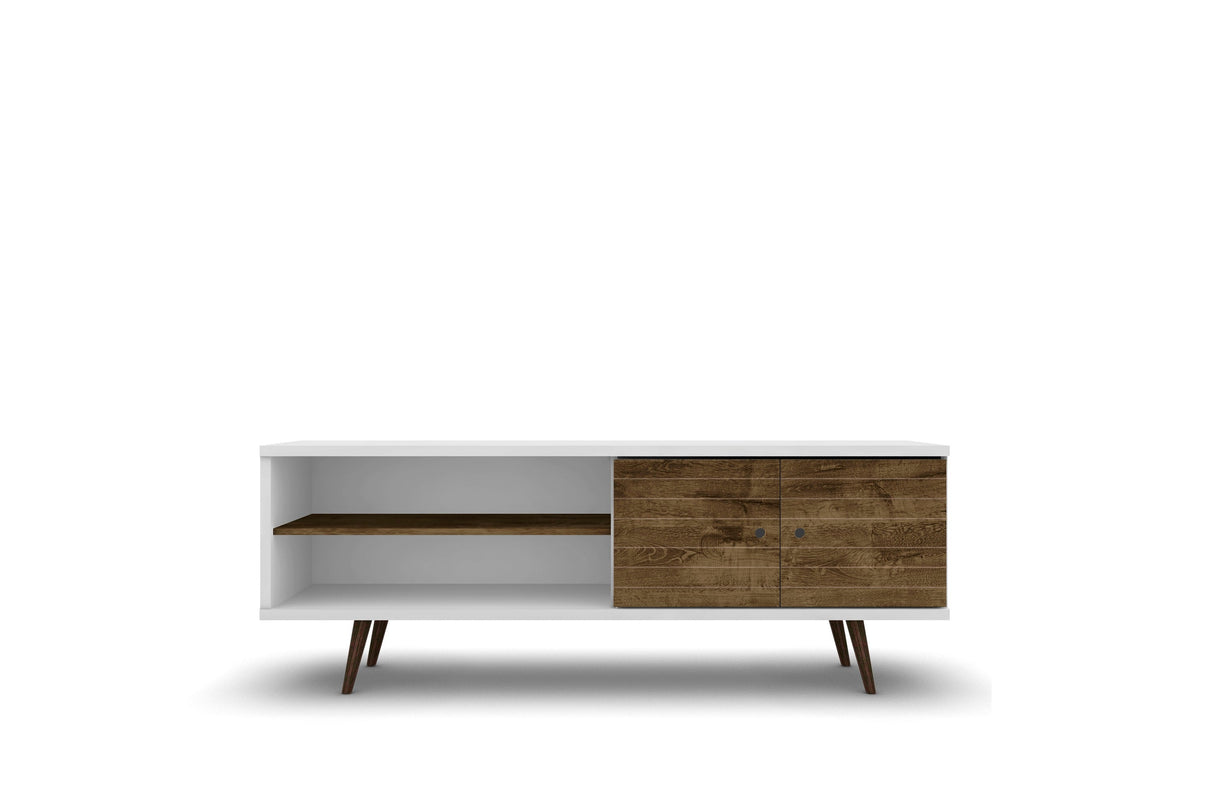 Liberty 62.99" Mid-Century Modern TV Stand in White and Rustic Brown by Manhattan Comfort at Eve Furniture