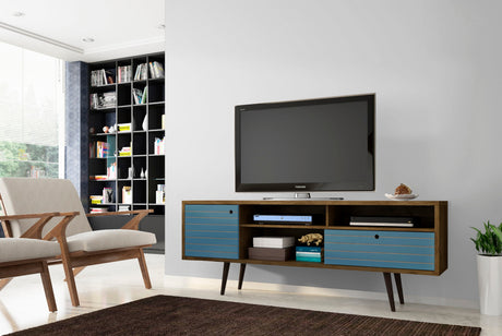 Liberty 70.86" Mid-Century Modern TV Stand in Rustic Brown and Aqua Blue by Manhattan Comfort at Eve Furniture