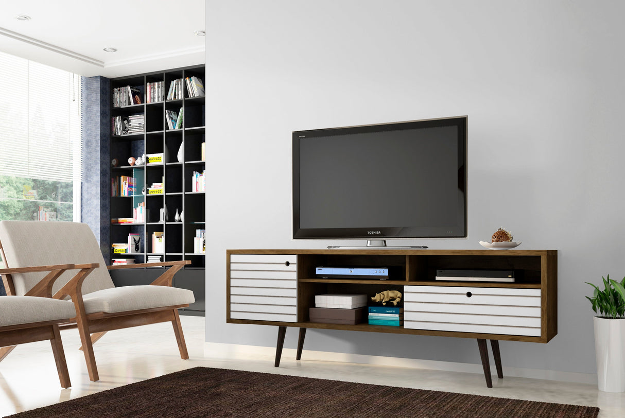 Liberty 70.86" Mid-Century Modern TV Stand in Rustic Brown and White by Manhattan Comfort at Eve Furniture