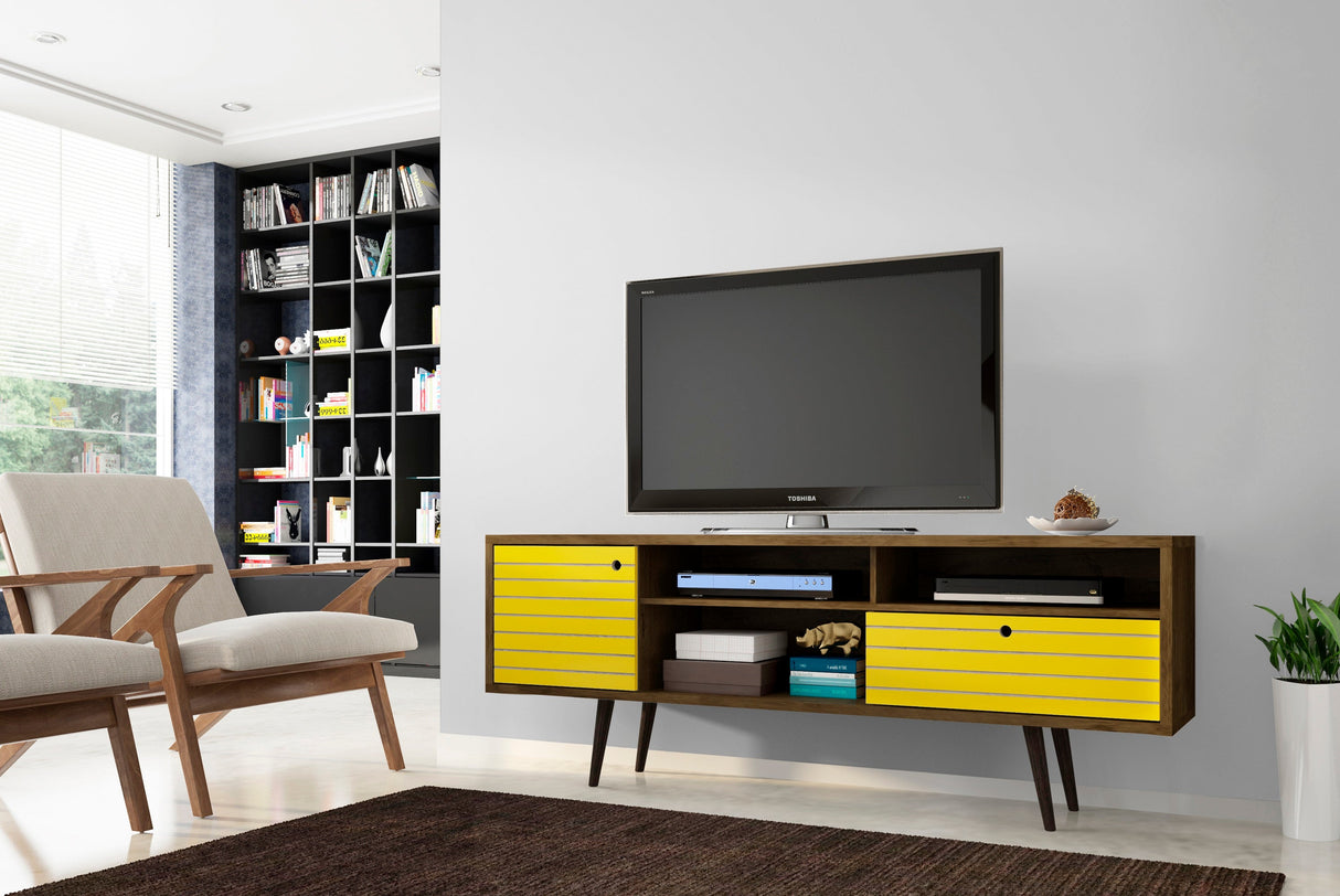 Liberty 70.86" Mid-Century Modern TV Stand in Rustic Brown and Yellow by Manhattan Comfort at Eve Furniture
