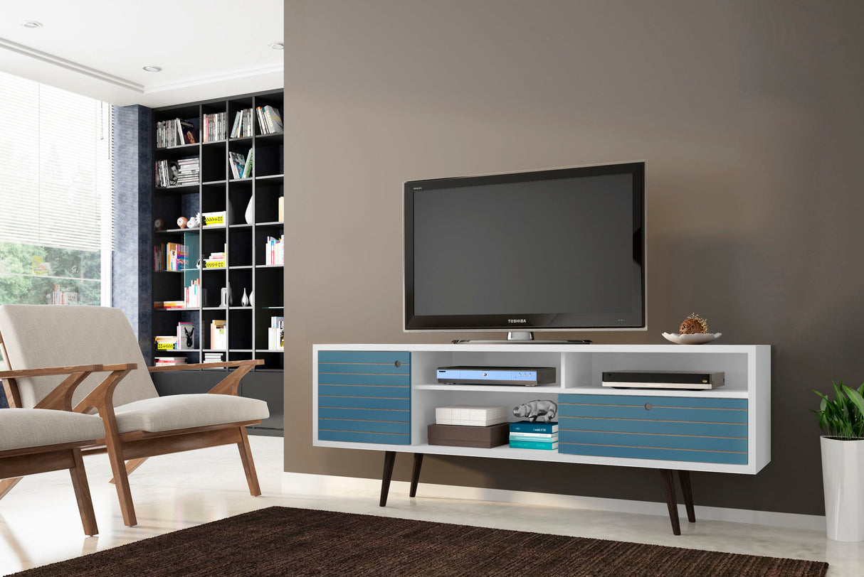 Liberty 70.86" Mid-Century Modern TV Stand in White and Aqua Blue by Manhattan Comfort at Eve Furniture