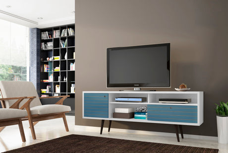 Liberty 70.86" Mid-Century Modern TV Stand in White and Aqua Blue by Manhattan Comfort at Eve Furniture