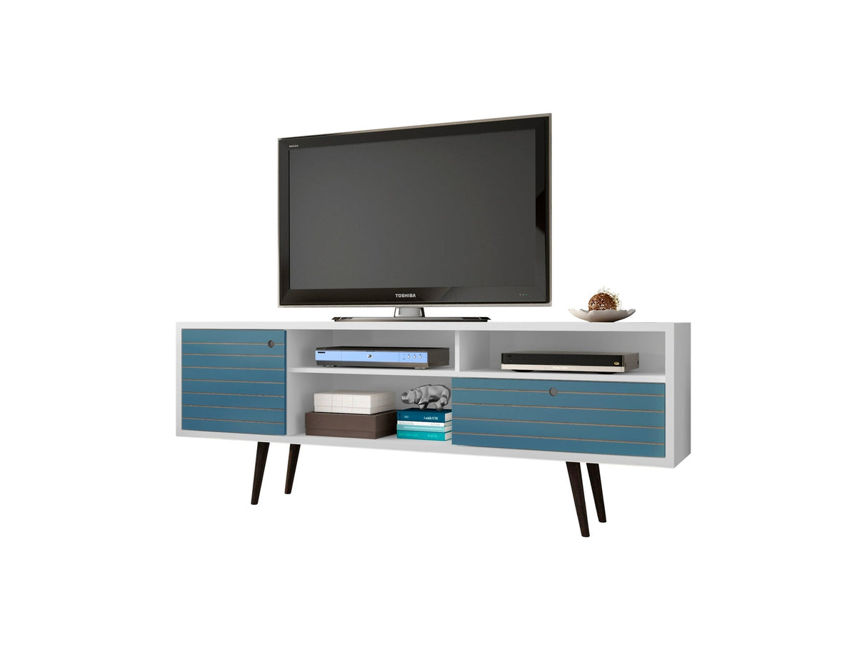 Liberty 70.86" Mid-Century Modern TV Stand in White and Aqua Blue by Manhattan Comfort at Eve Furniture