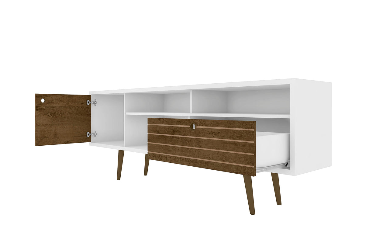 Liberty 70.86" Mid-Century Modern TV Stand in White and Rustic Brown by Manhattan Comfort at Eve Furniture
